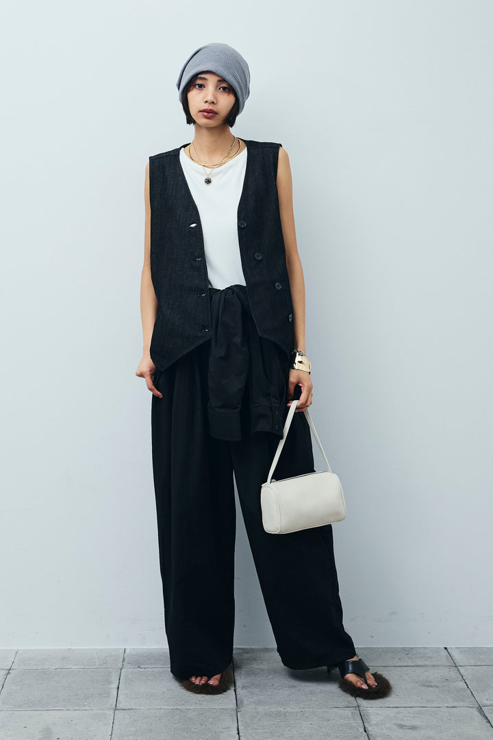 [予約/SET]アシメボタンデニムベスト+合繊ツイルジャンプスーツ(2set)