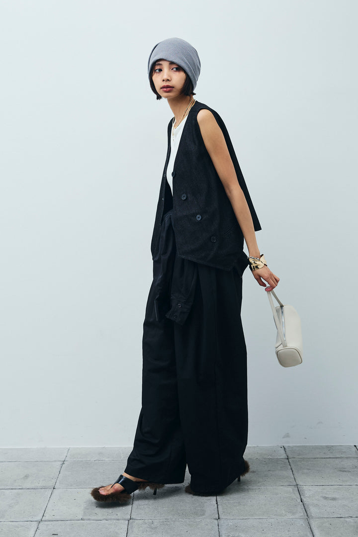 [予約/SET]アシメボタンデニムベスト+テレコリブカップ付きノースリーブ トップス+合繊ツイルジャンプスーツ(3set)