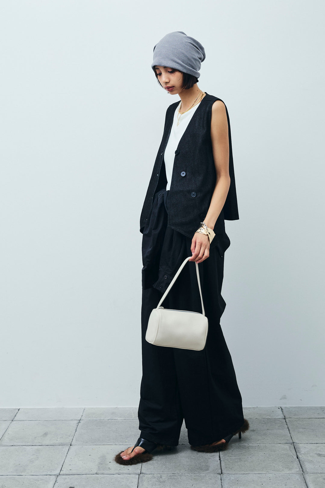[予約/SET]アシメボタンデニムベスト+テレコリブカップ付きノースリーブ トップス+合繊ツイルジャンプスーツ(3set)