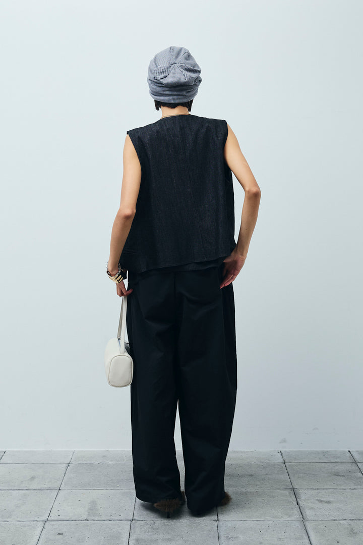 [予約/SET]アシメボタンデニムベスト+合繊ツイルジャンプスーツ(2set)