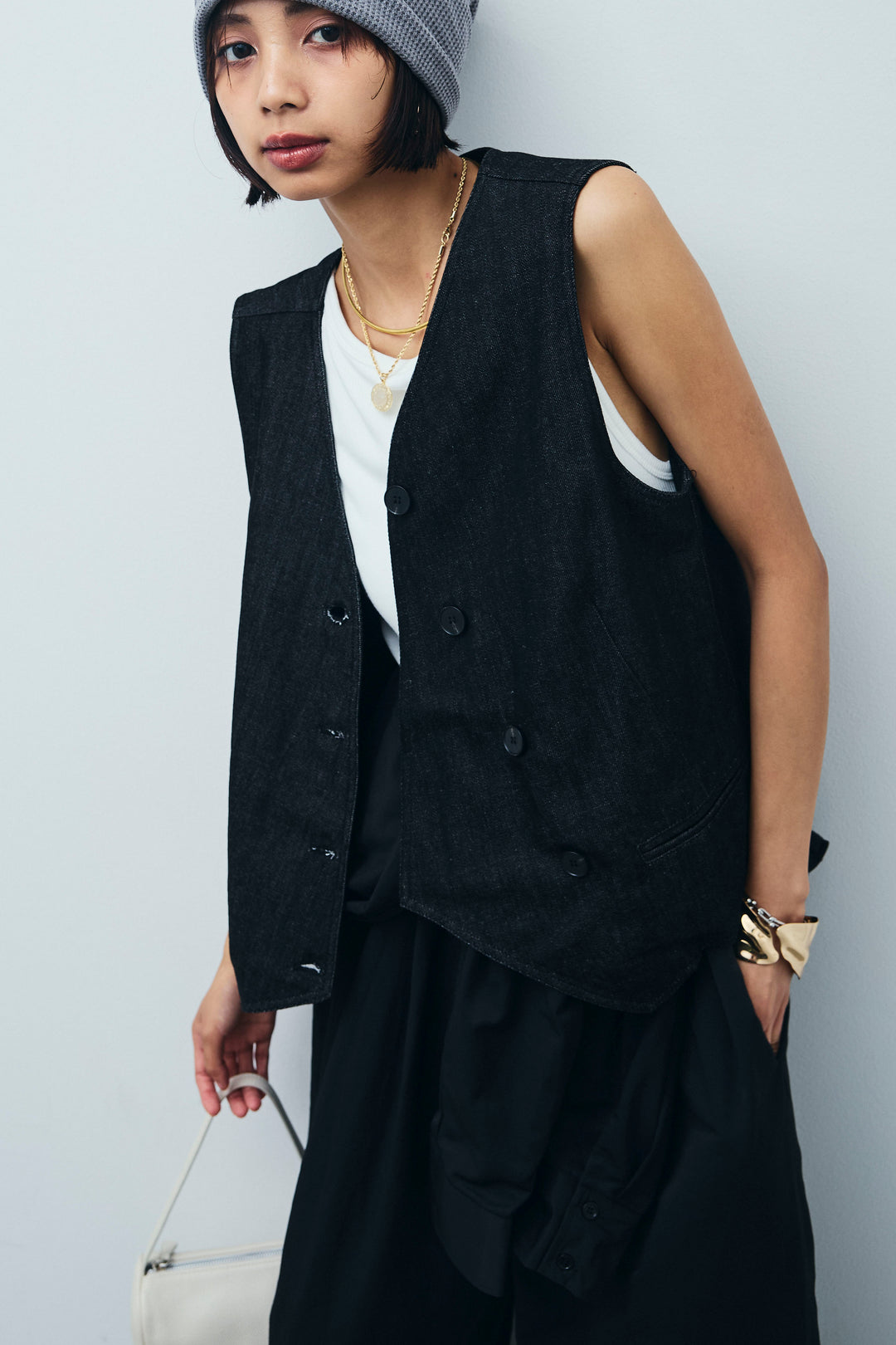 [予約/SET]アシメボタンデニムベスト+合繊ツイルジャンプスーツ(2set)