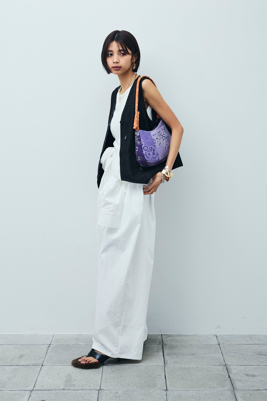 [予約/SET]アシメボタンデニムベスト+合繊ツイルジャンプスーツ(2set)