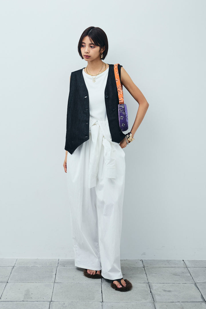 [予約/SET]アシメボタンデニムベスト+合繊ツイルジャンプスーツ(2set)