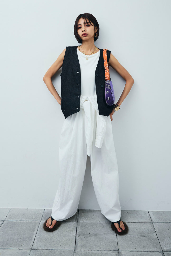 [予約/SET]アシメボタンデニムベスト+テレコリブカップ付きノースリーブ トップス+合繊ツイルジャンプスーツ(3set)