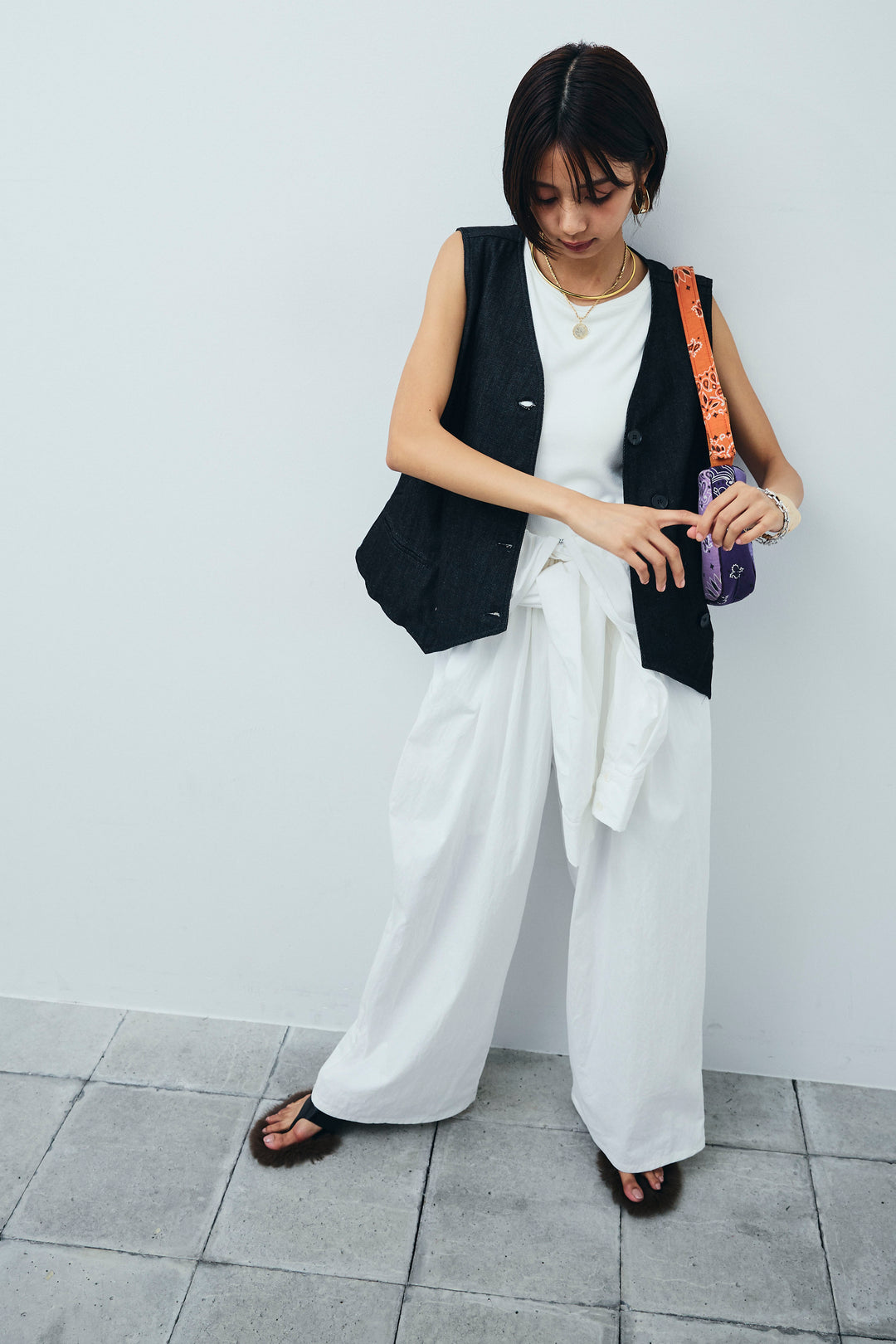 [予約/SET]アシメボタンデニムベスト+合繊ツイルジャンプスーツ(2set)