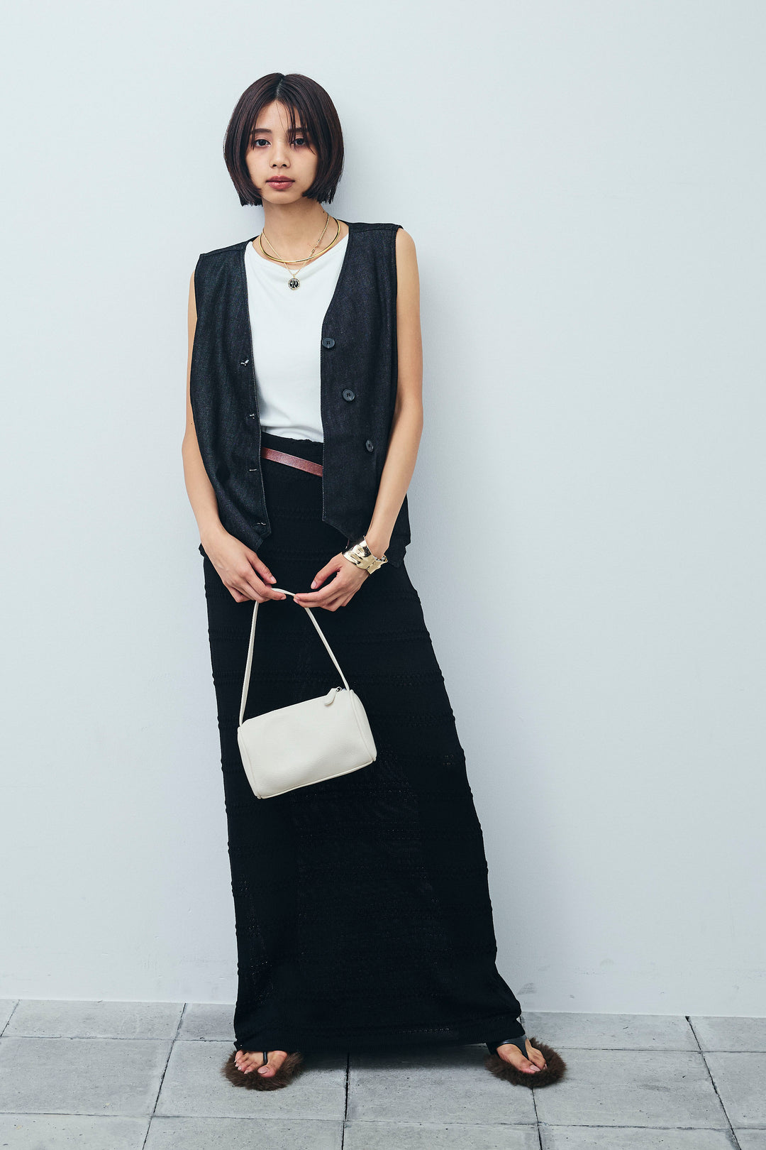 [予約/SET]アシメボタンデニムベスト+テレコリブカップ付きノースリーブ トップス+ニットスカート(3set)