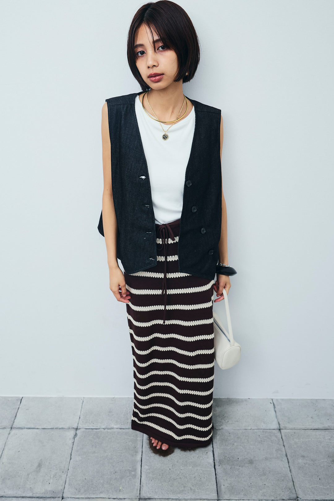 [予約/SET]アシメボタンデニムベスト+ニットスカート(2set)