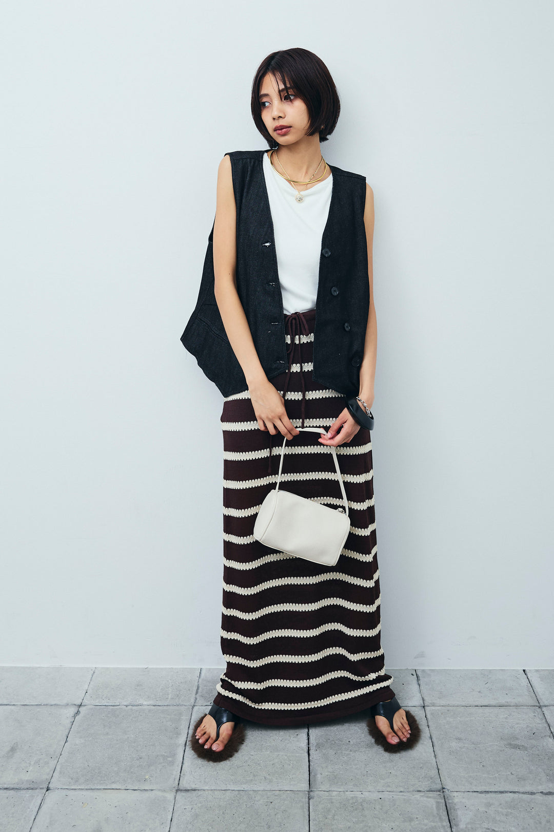 [予約/SET]アシメボタンデニムベスト+テレコリブカップ付きノースリーブ トップス+ニットスカート(3set)