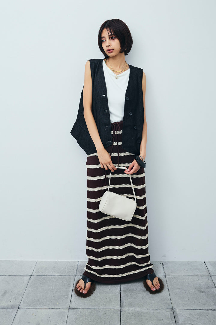 [予約/SET]アシメボタンデニムベスト+テレコリブカップ付きノースリーブ トップス+ニットスカート(3set)