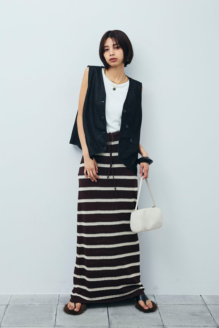 [予約/SET]アシメボタンデニムベスト+テレコリブカップ付きノースリーブ トップス+ニットスカート(3set)