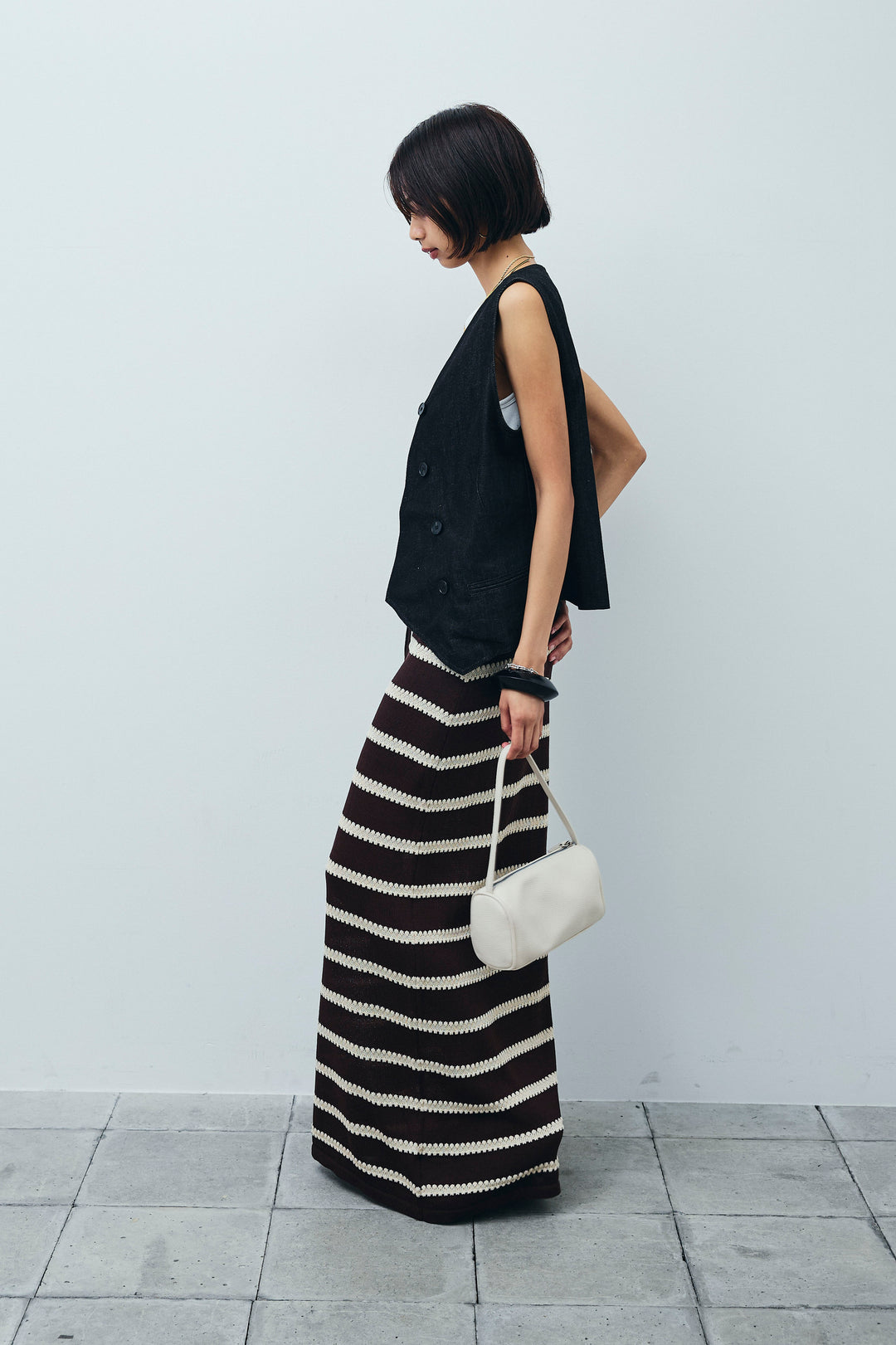 [予約/SET]アシメボタンデニムベスト+テレコリブカップ付きノースリーブ トップス+ニットスカート(3set)