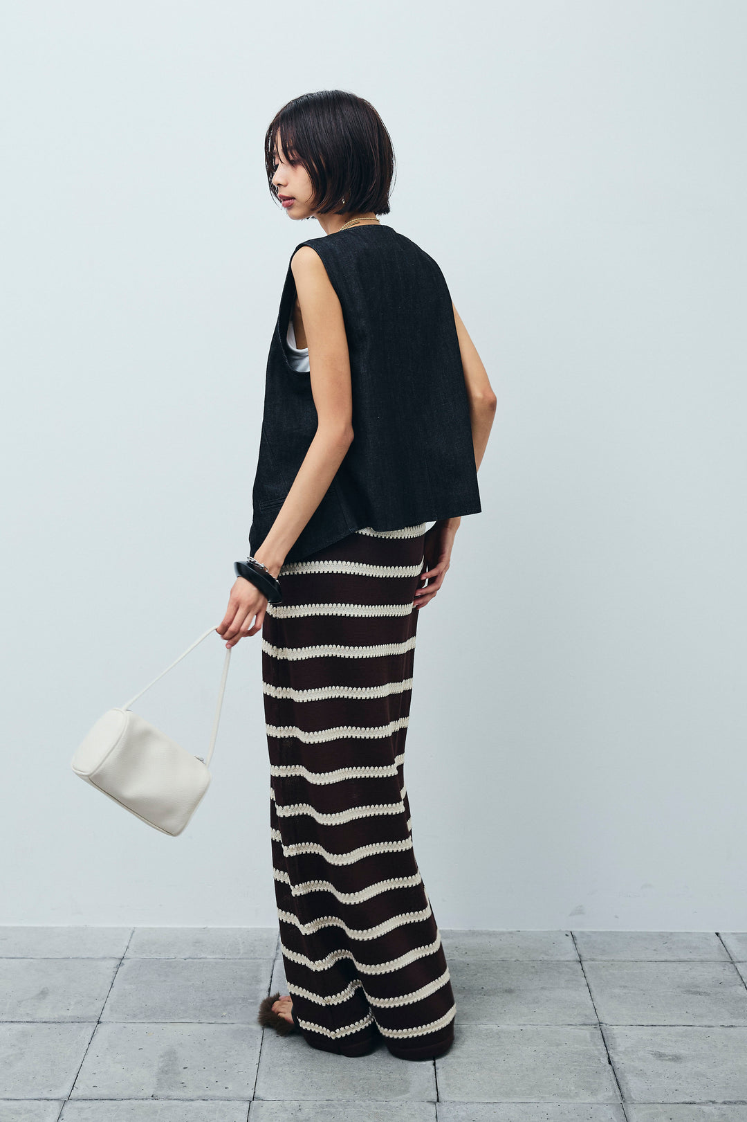 [予約/SET]アシメボタンデニムベスト+テレコリブカップ付きノースリーブ トップス+ニットスカート(3set)