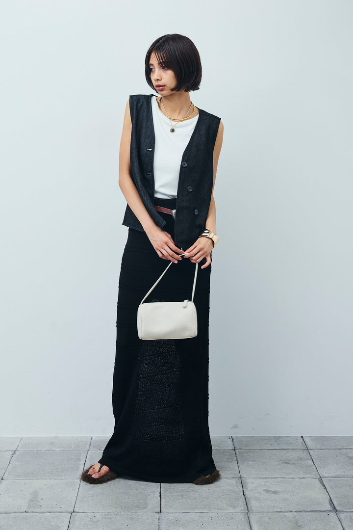 [予約/SET]アシメボタンデニムベスト+テレコリブカップ付きノースリーブ トップス+ニットスカート(3set)