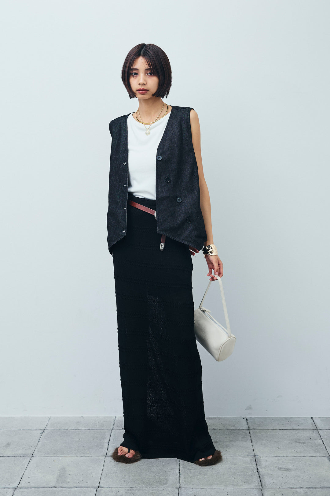 [予約/SET]アシメボタンデニムベスト+テレコリブカップ付きノースリーブ トップス+ニットスカート(3set)