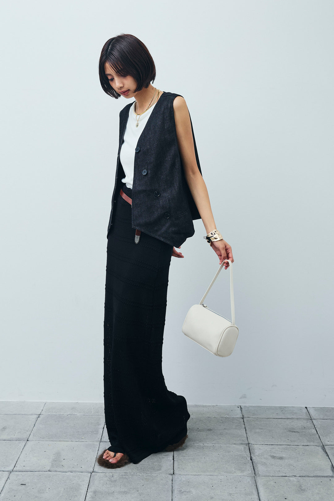 [予約/SET]アシメボタンデニムベスト+ニットスカート(2set)