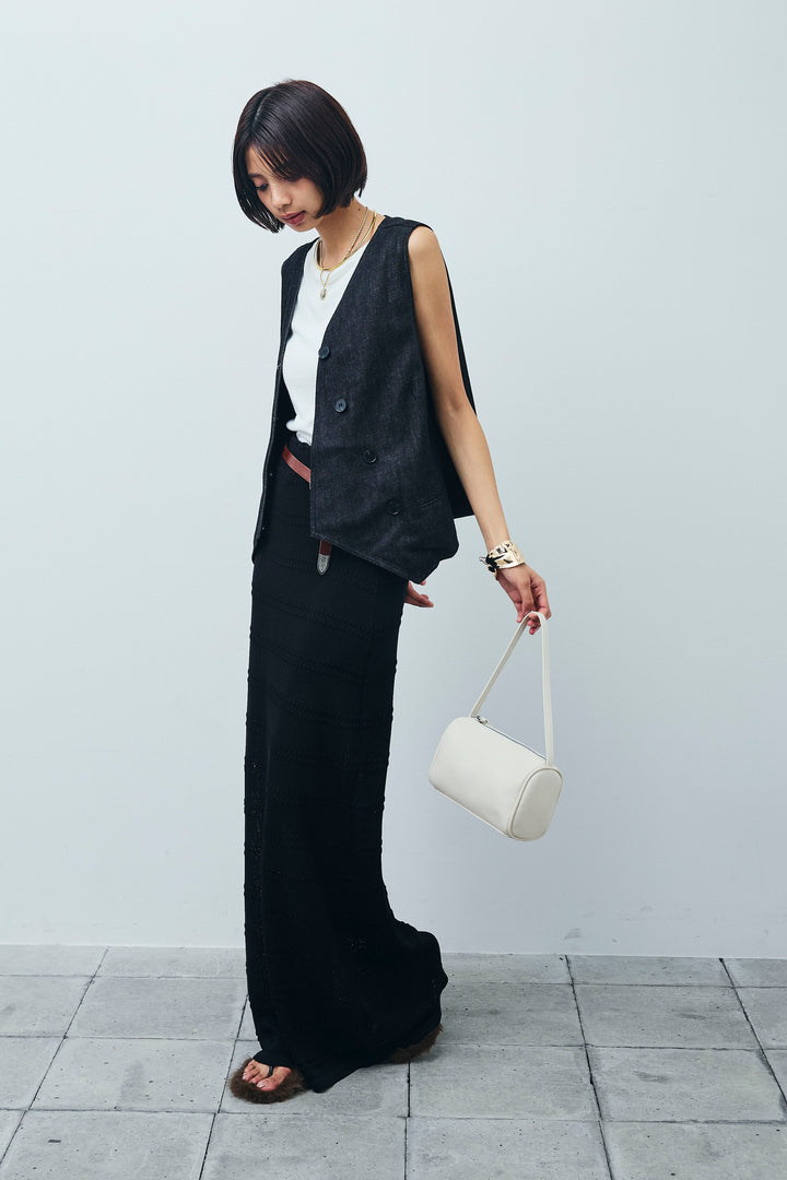 [予約/SET]アシメボタンデニムベスト+テレコリブカップ付きノースリーブ トップス+ニットスカート(3set)