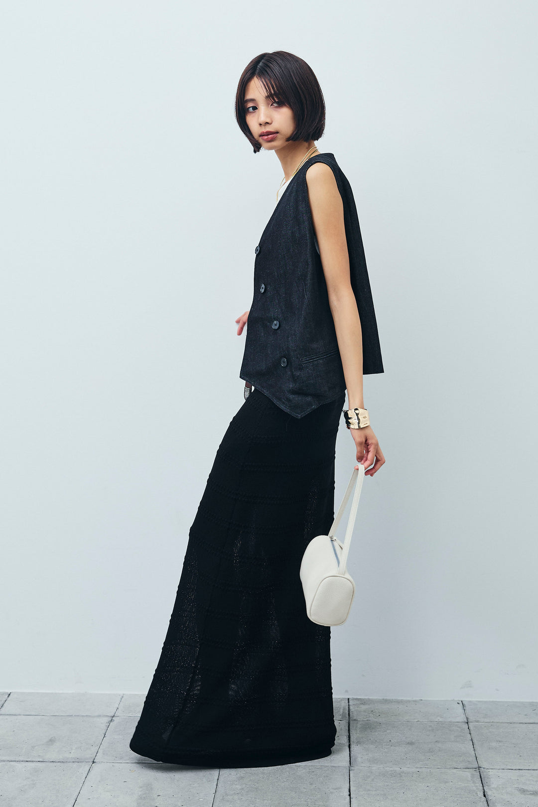 [予約/SET]アシメボタンデニムベスト+ニットスカート(2set)