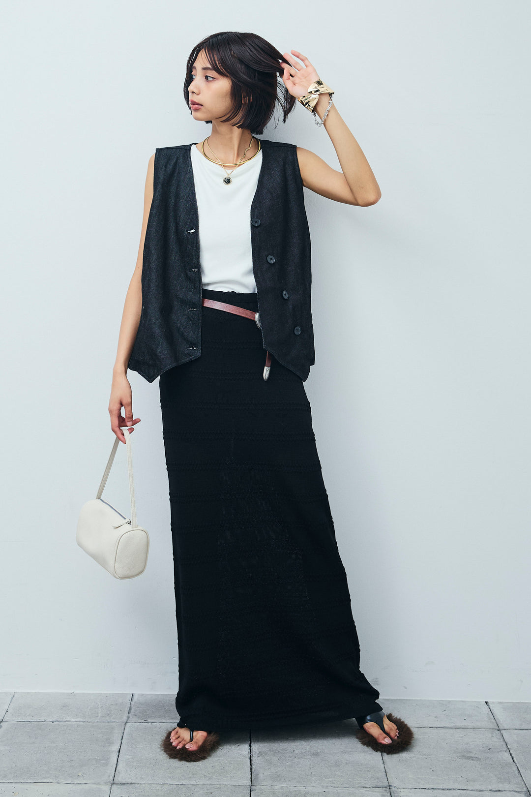 [予約/SET]アシメボタンデニムベスト+テレコリブカップ付きノースリーブ トップス+ニットスカート(3set)