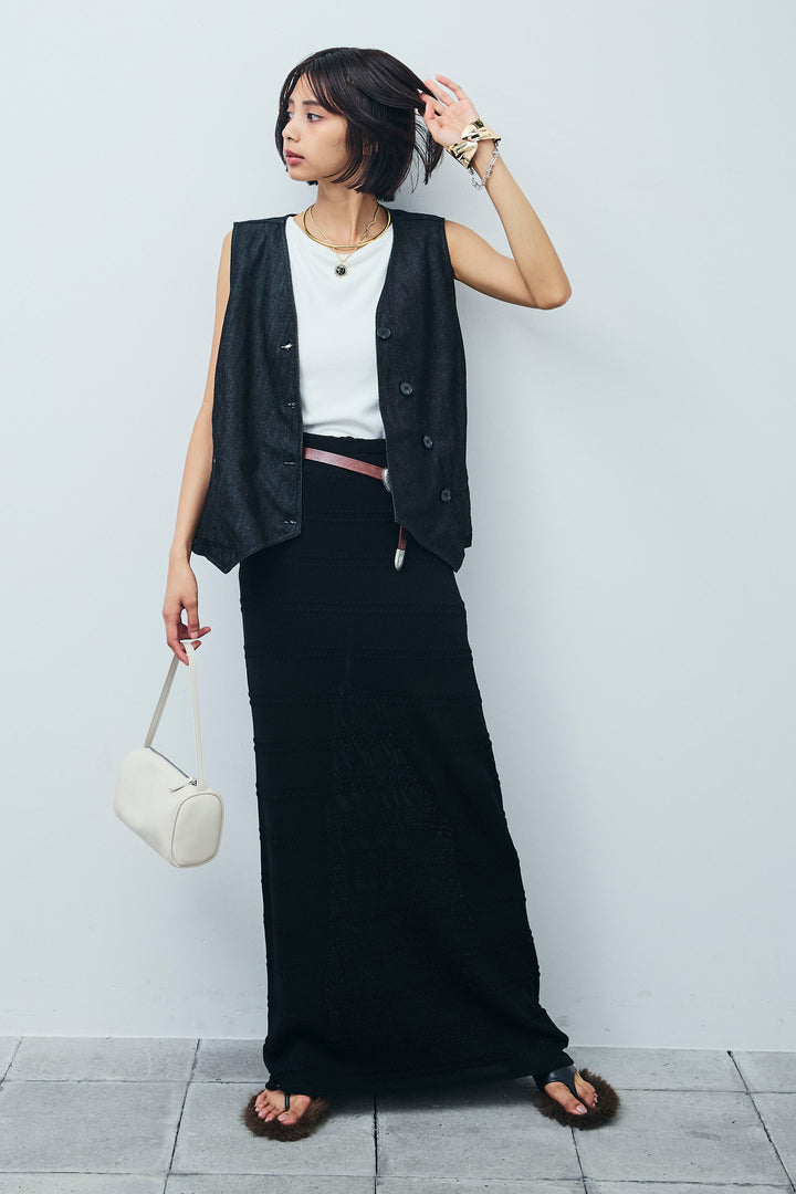 [予約/SET]アシメボタンデニムベスト+テレコリブカップ付きノースリーブ トップス+ニットスカート(3set)