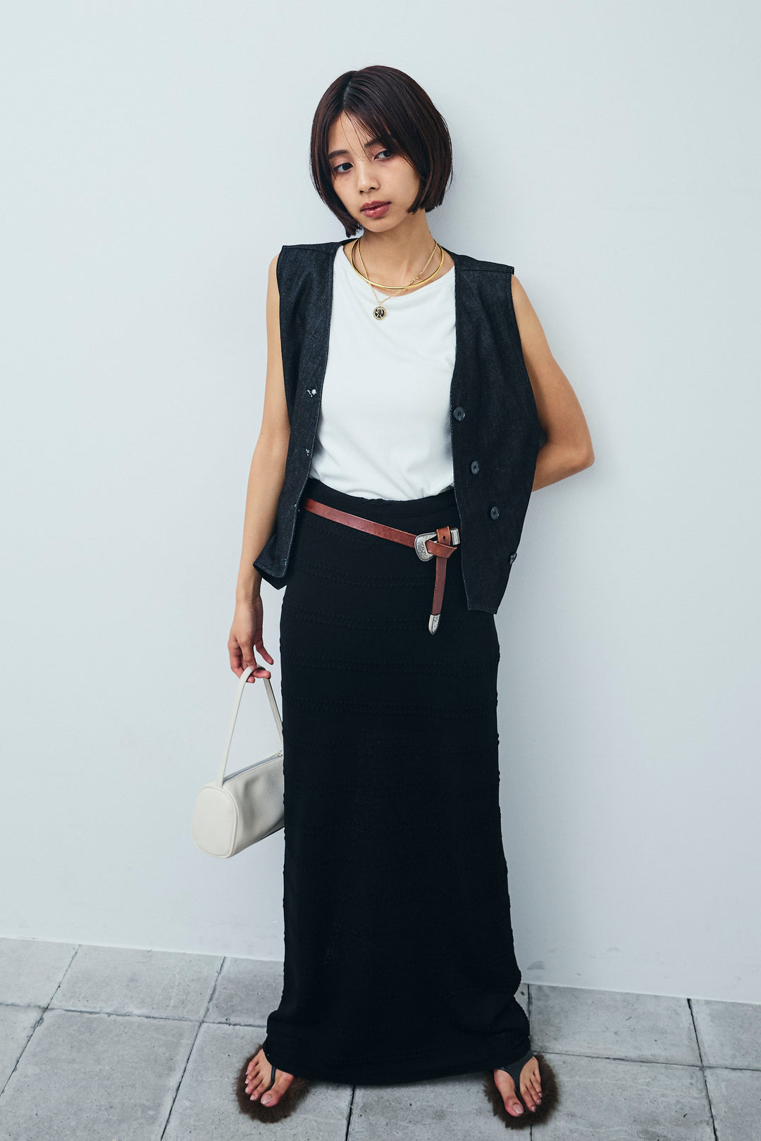 [予約/SET]アシメボタンデニムベスト+ニットスカート(2set)