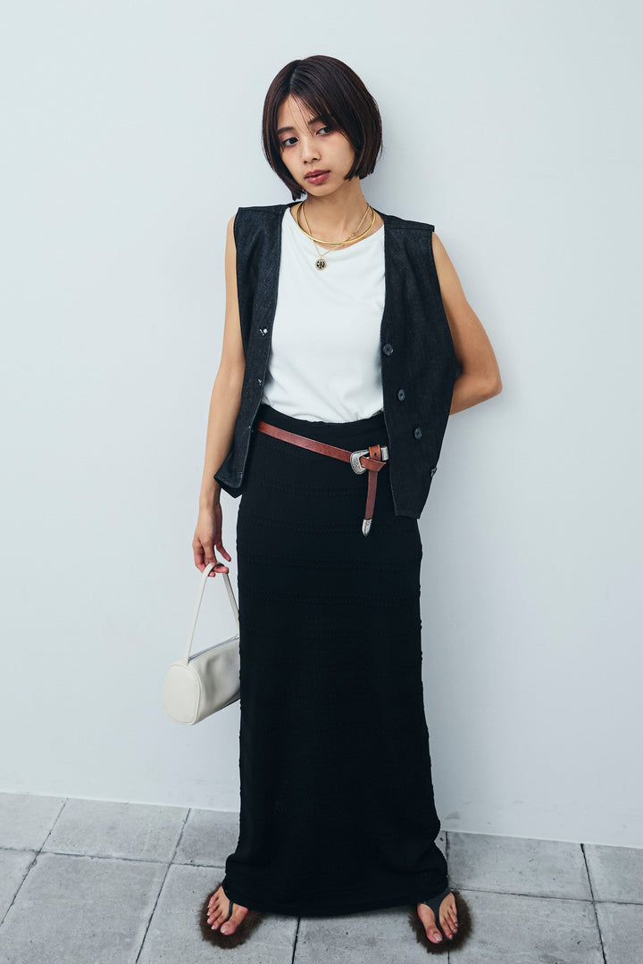 [予約/SET]アシメボタンデニムベスト+ニットスカート(2set)