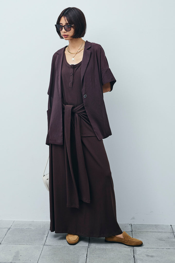 [予約/SET]ハーフスリーブシアーJK+ラップレイヤードリブロングワンピース(2set)