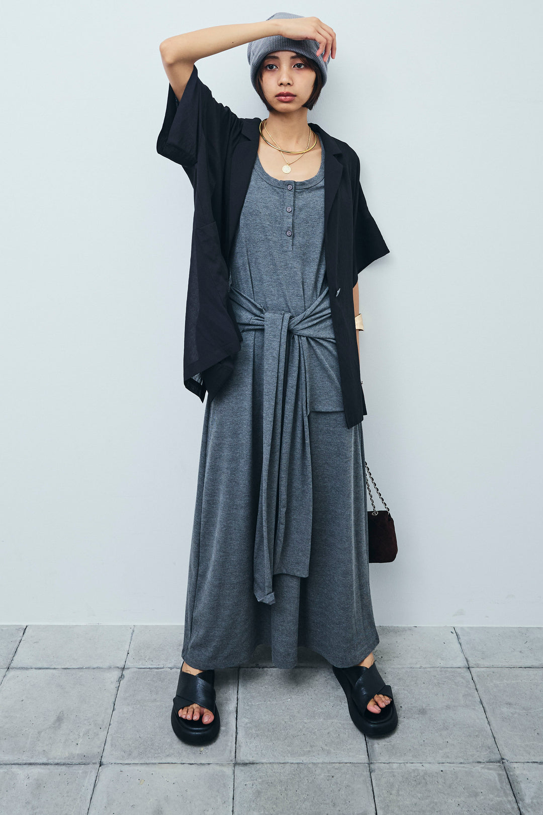 [予約/SET]ハーフスリーブシアーJK+ラップレイヤードリブロングワンピース(2set)