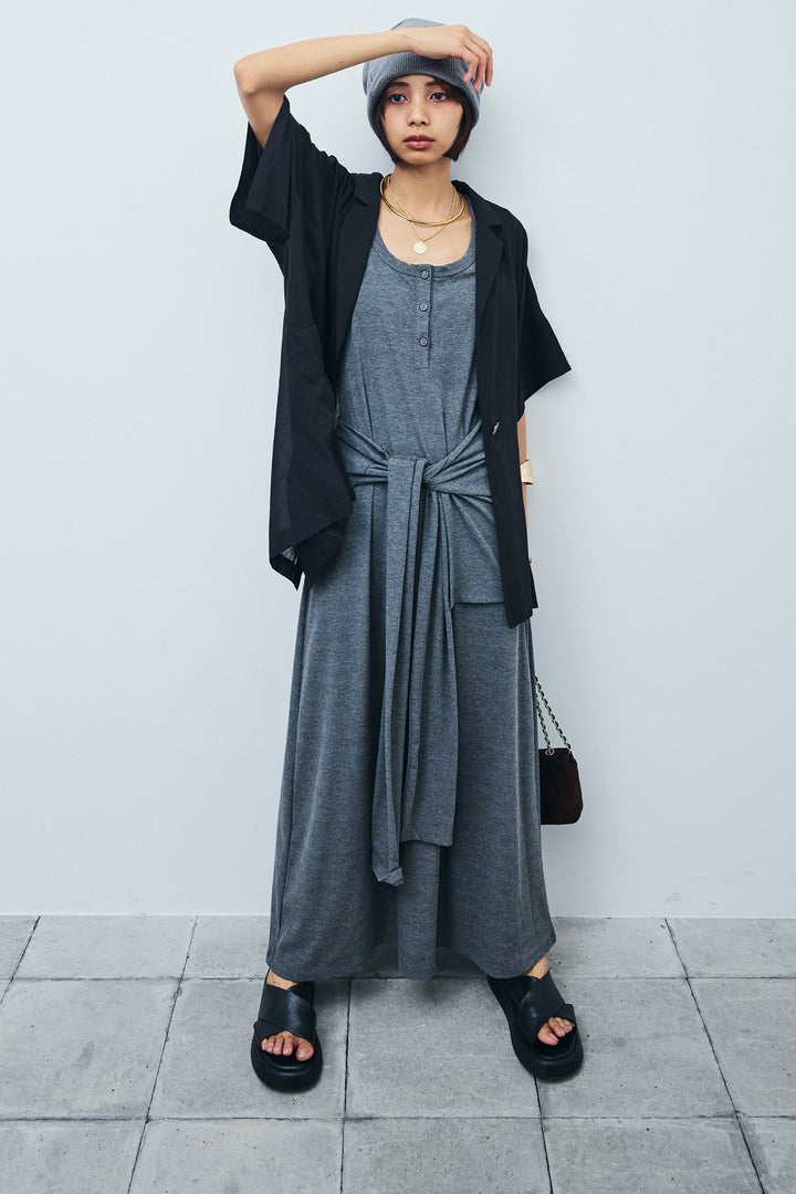 [予約/SET]ハーフスリーブシアーJK+ラップレイヤードリブロングワンピース(2set)