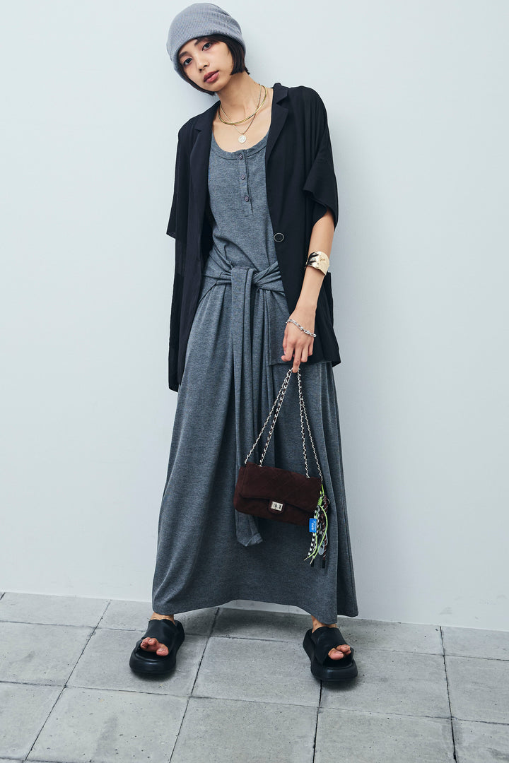 [予約/SET]ハーフスリーブシアーJK+ラップレイヤードリブロングワンピース(2set)