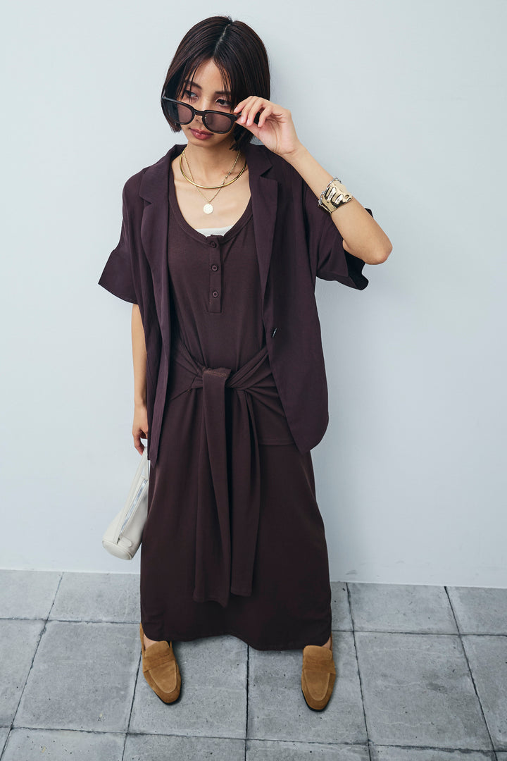 [予約/SET]ハーフスリーブシアーJK+ラップレイヤードリブロングワンピース(2set)