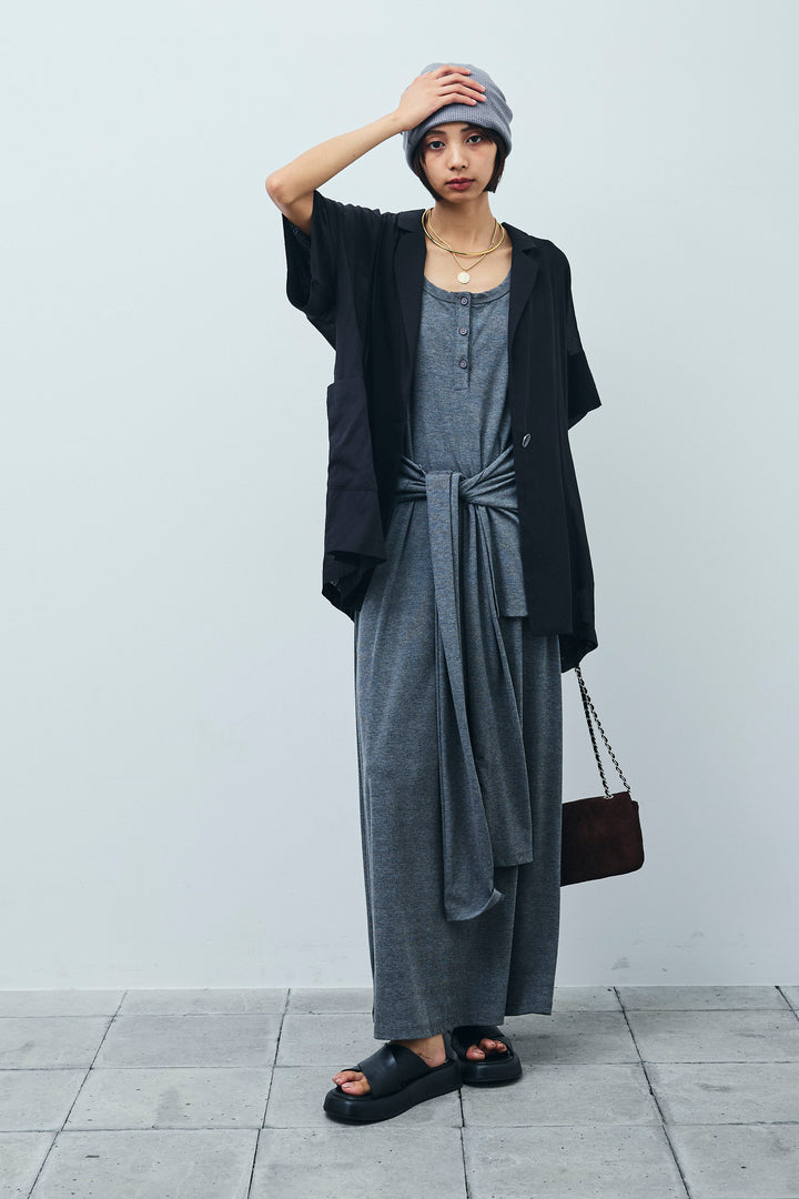 [予約/SET]ハーフスリーブシアーJK+ラップレイヤードリブロングワンピース(2set)