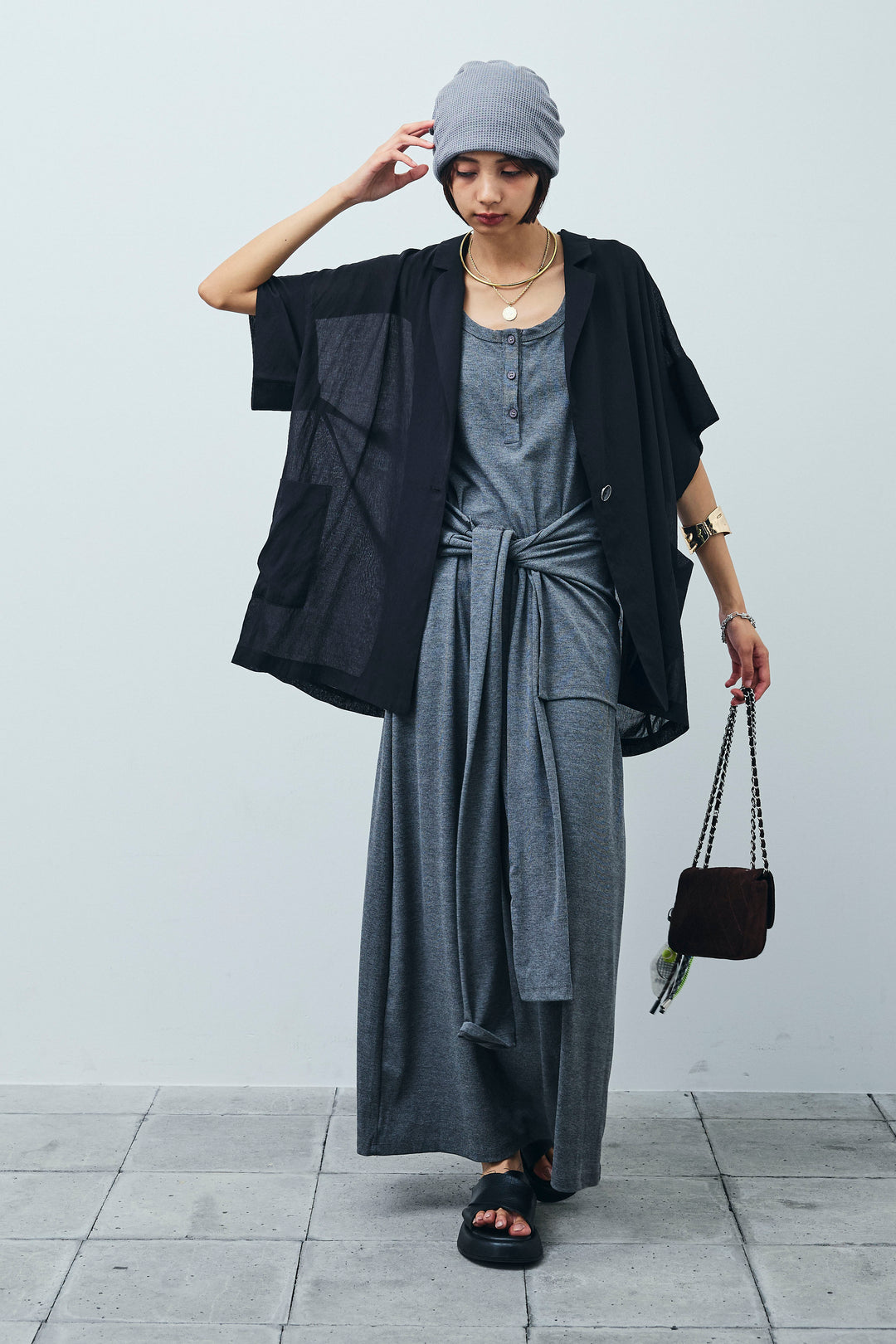 [予約/SET]ハーフスリーブシアーJK+ラップレイヤードリブロングワンピース(2set)