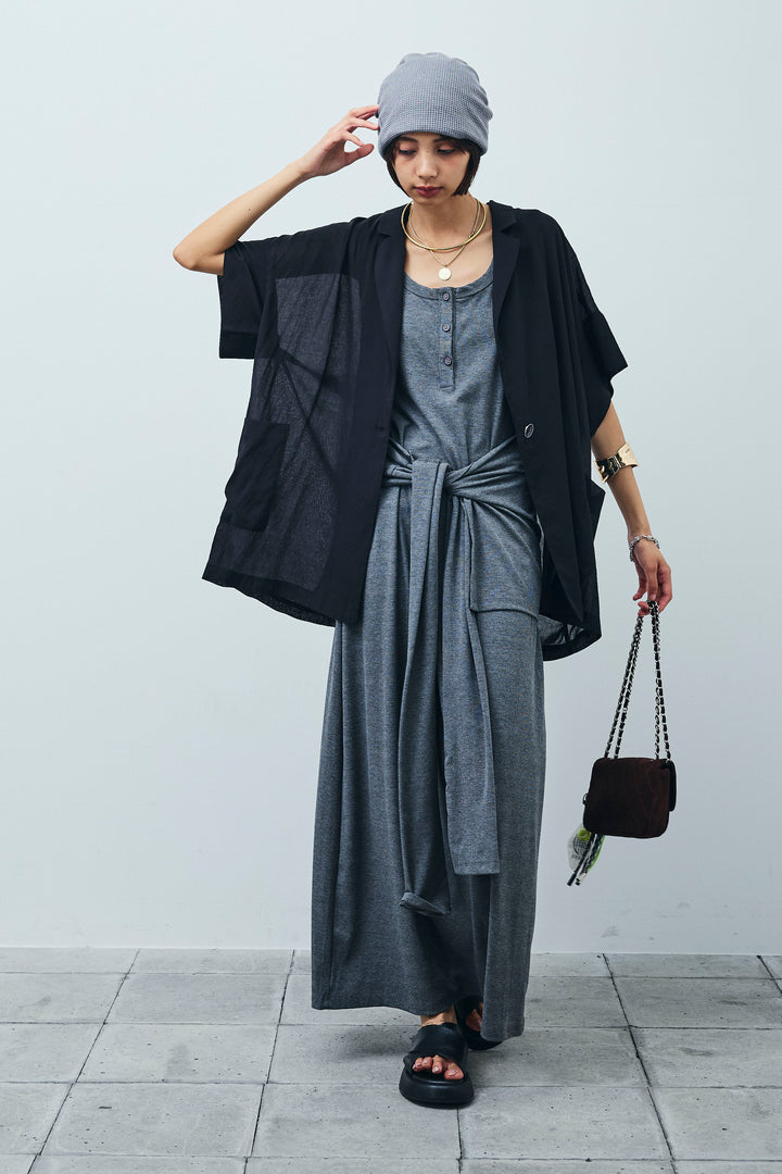 [予約/SET]ハーフスリーブシアーJK+ラップレイヤードリブロングワンピース(2set)