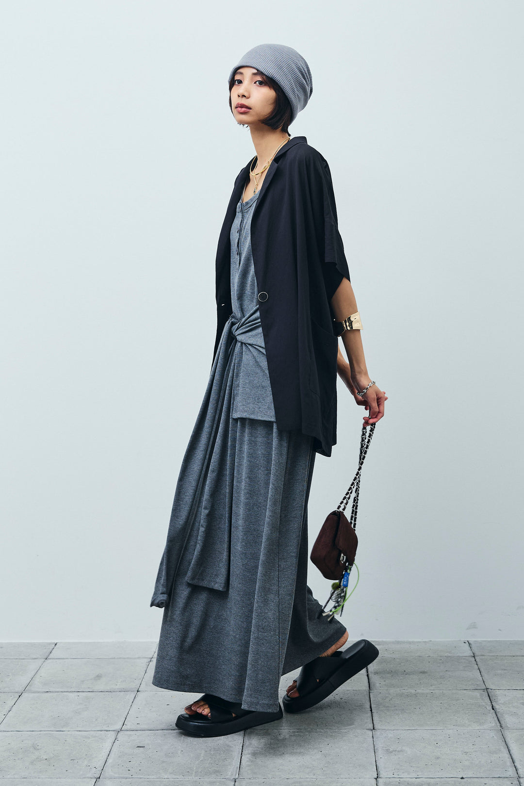 [予約/SET]ハーフスリーブシアーJK+ラップレイヤードリブロングワンピース(2set)