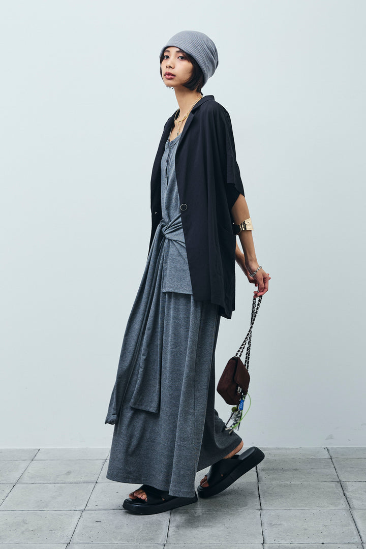 [予約/SET]ハーフスリーブシアーJK+ラップレイヤードリブロングワンピース(2set)