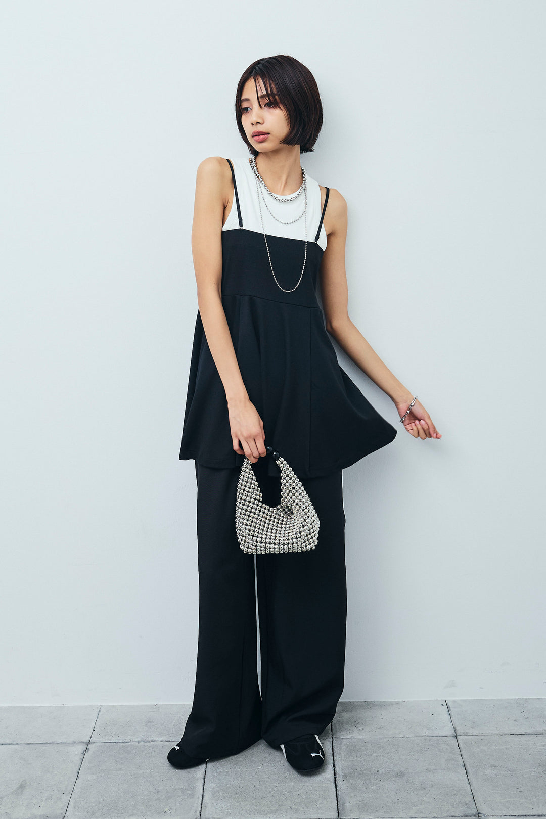 [予約/SET] 2wayぺプラムビスチェ+サイドラインワイドパンツ(2set)