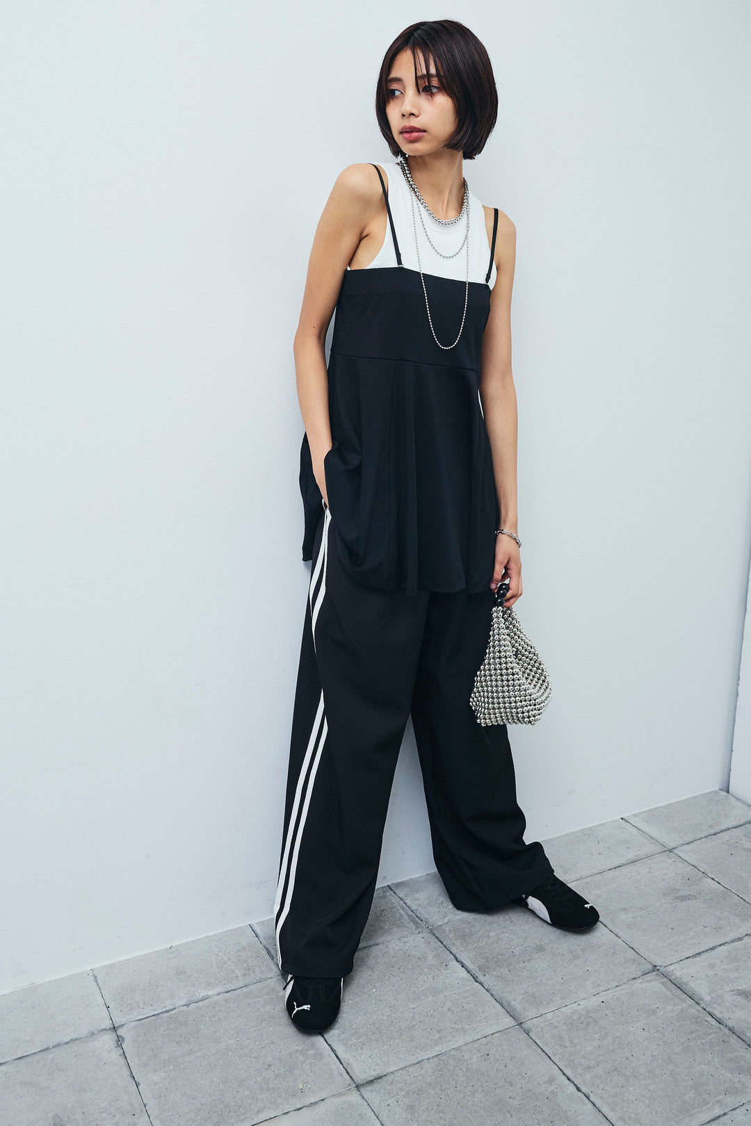 [予約/SET] 2wayぺプラムビスチェ+サイドラインワイドパンツ(2set)