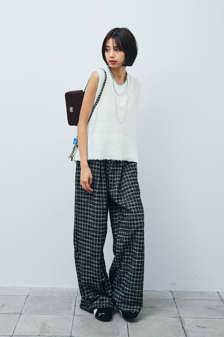 [予約/SET]リボンヤーンニットベスト+サマーツイードリラックスパンツ(2set)