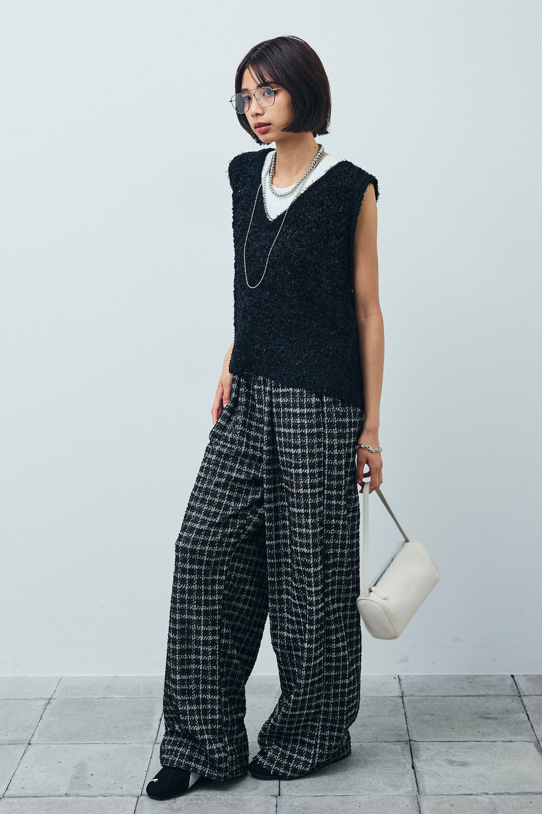 [予約/SET]リボンヤーンニットベスト+サマーツイードリラックスパンツ(2set)