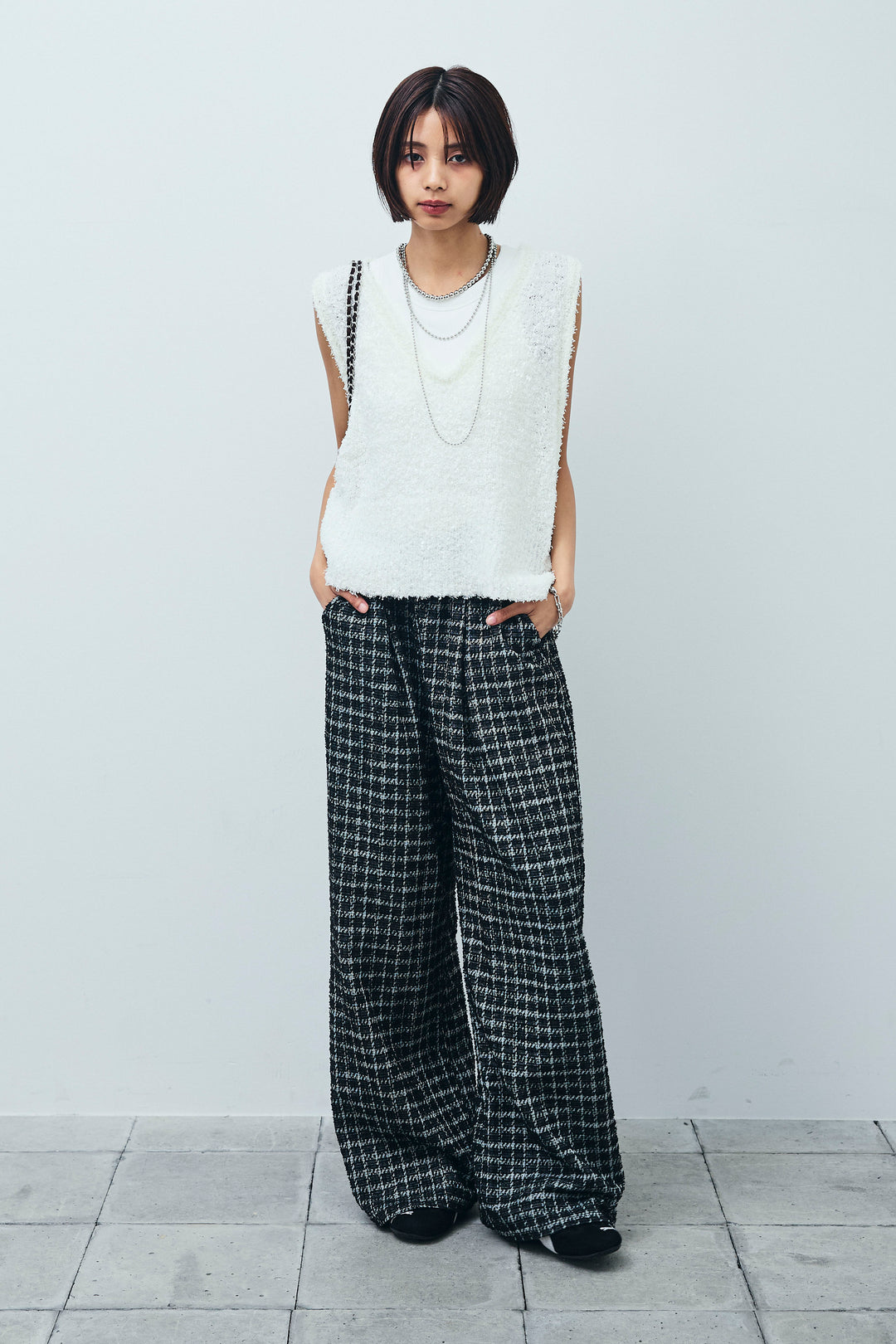 [予約/SET]リボンヤーンニットベスト+サマーツイードリラックスパンツ(2set)