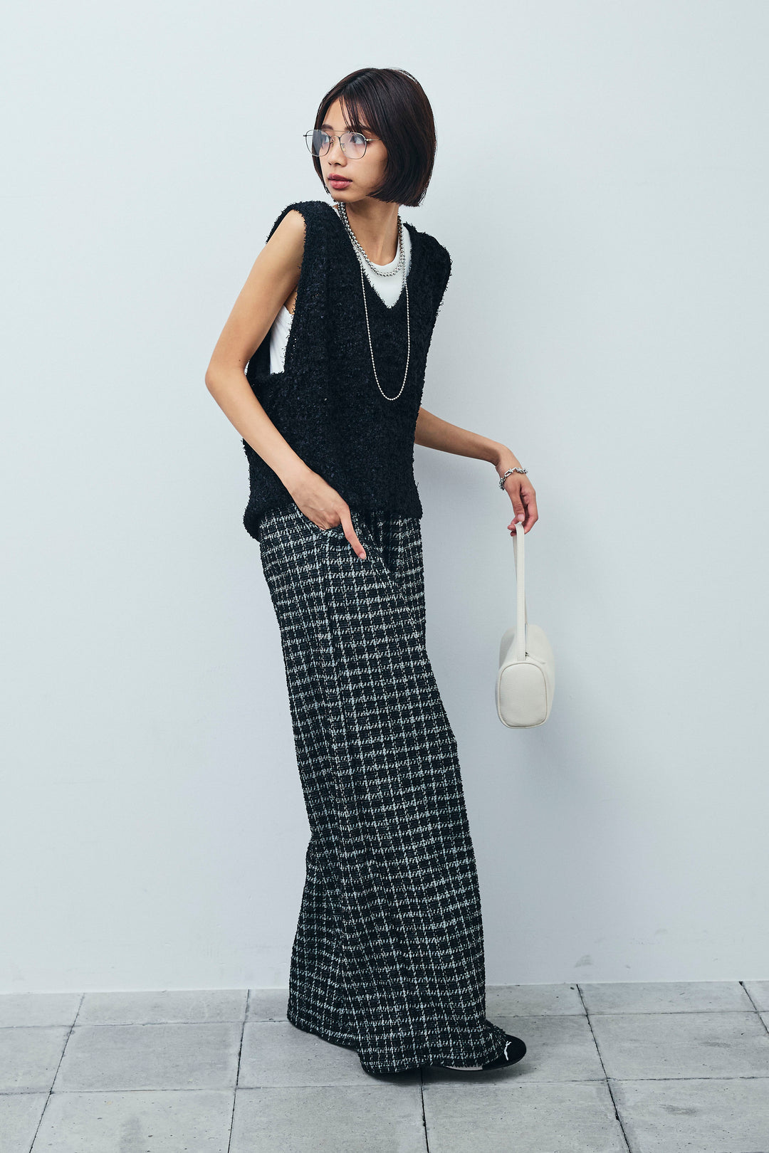 [予約/SET]リボンヤーンニットベスト+サマーツイードリラックスパンツ(2set)