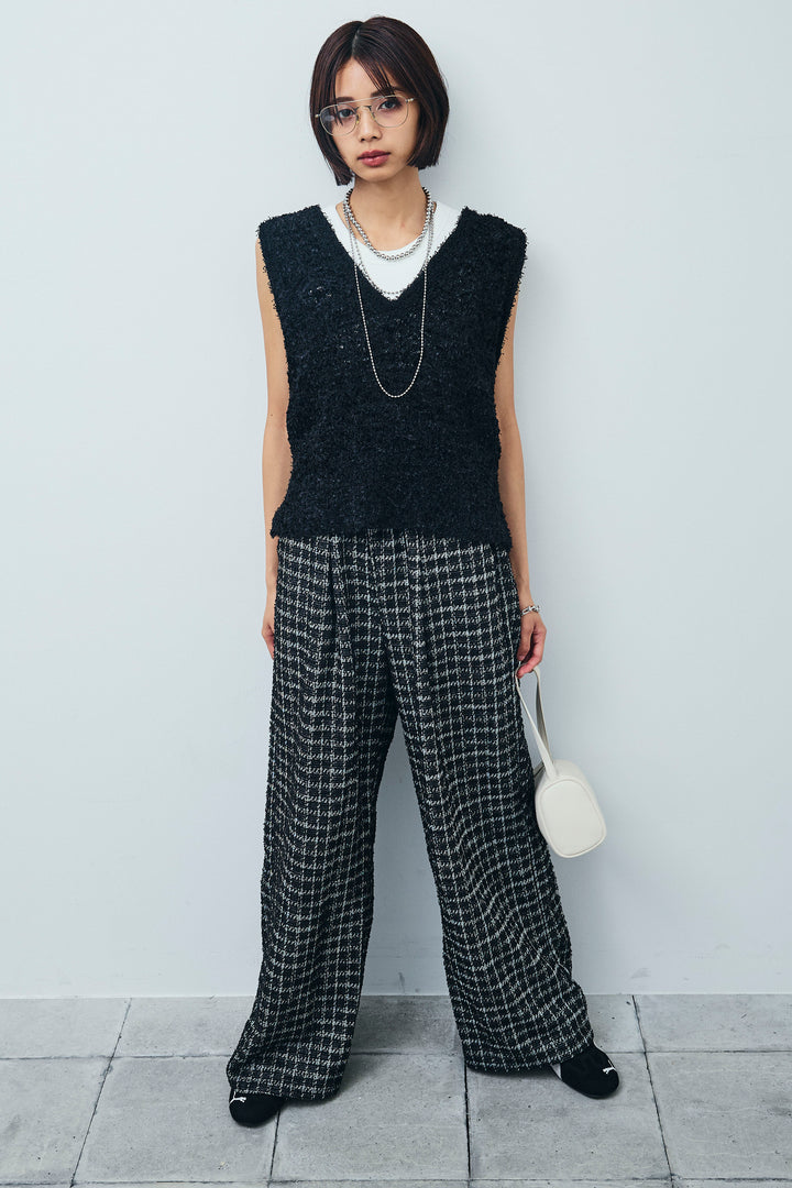 [予約/SET]リボンヤーンニットベスト+サマーツイードリラックスパンツ(2set)