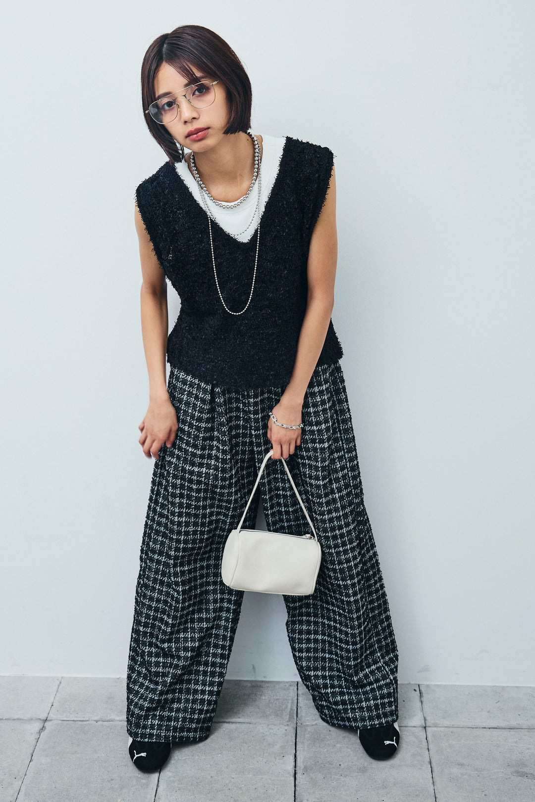 [予約/SET]リボンヤーンニットベスト+サマーツイードリラックスパンツ(2set)