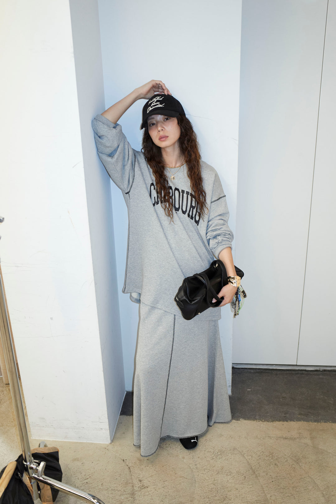 [予約/SET]配色ラグランルーズスウェット+スリットスウェットロングSK(2set)