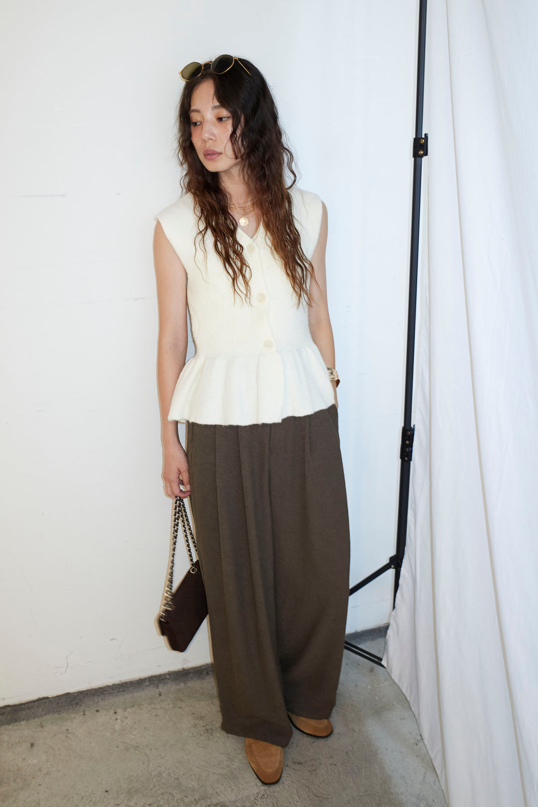 [予約/SET]アルパカタッチペプラムノースリプルオーバー+ネップワイドパンツ(2set)