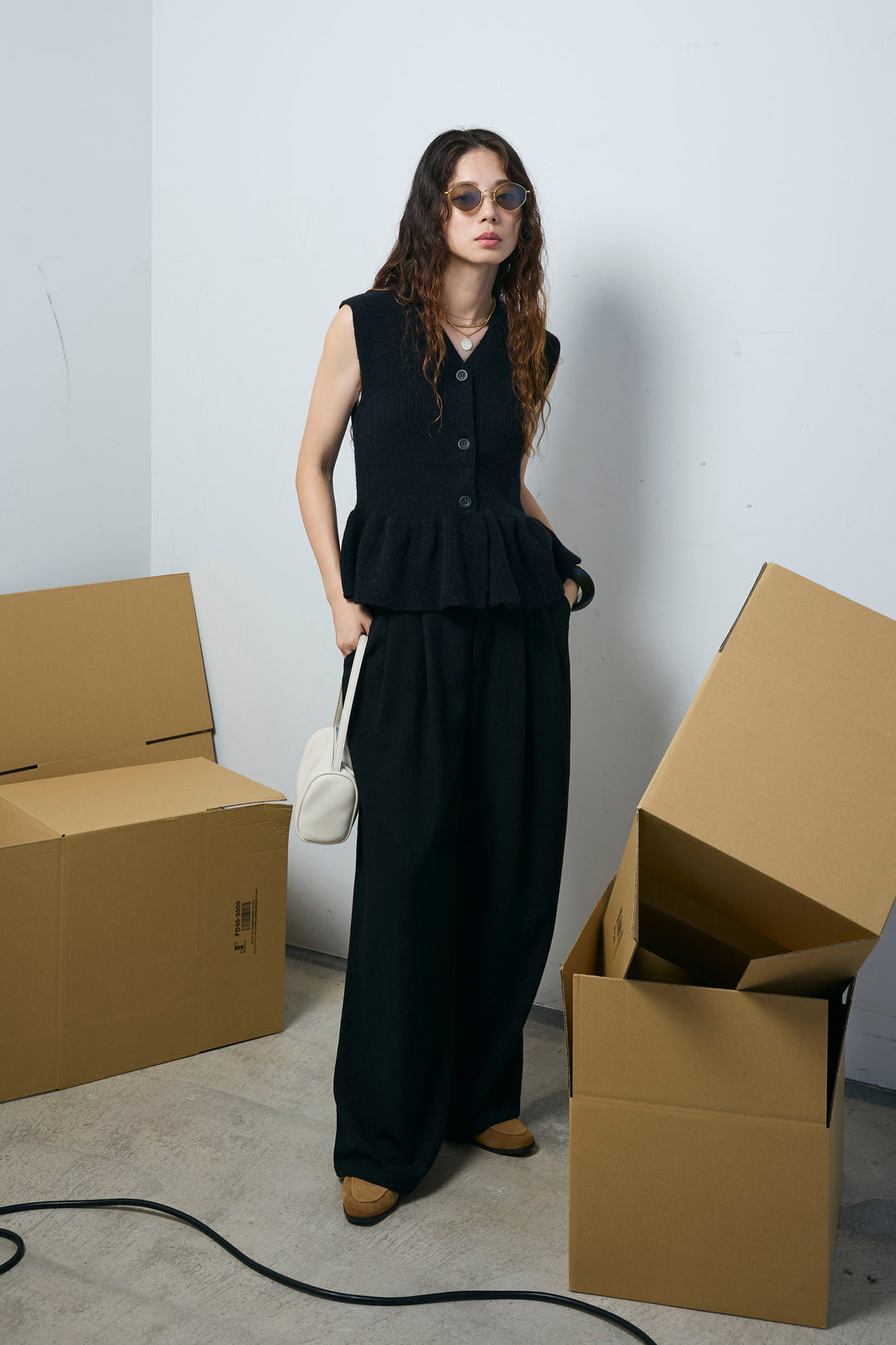 [予約/SET]アルパカタッチペプラムノースリプルオーバー+ネップワイドパンツ(2set)