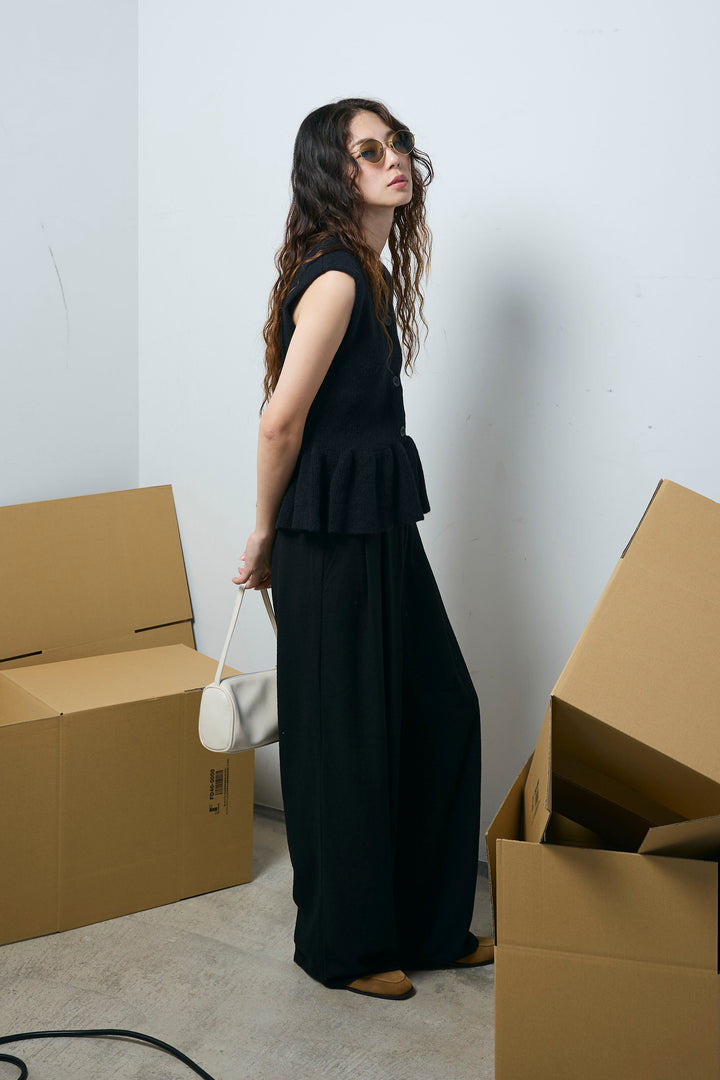 [予約/SET]アルパカタッチペプラムノースリプルオーバー+ネップワイドパンツ(2set)