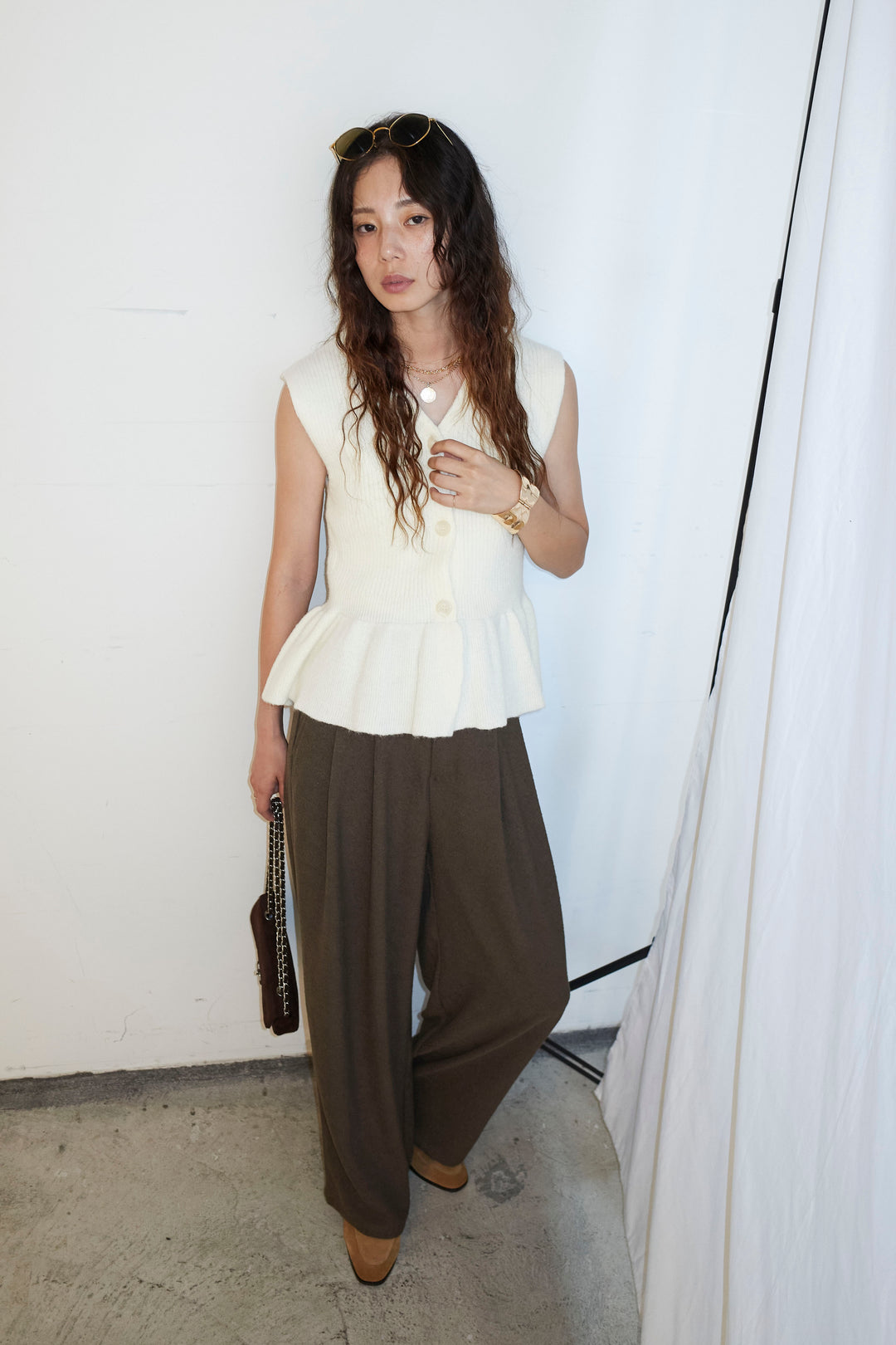 [予約/SET]アルパカタッチペプラムノースリプルオーバー+ネップワイドパンツ(2set)