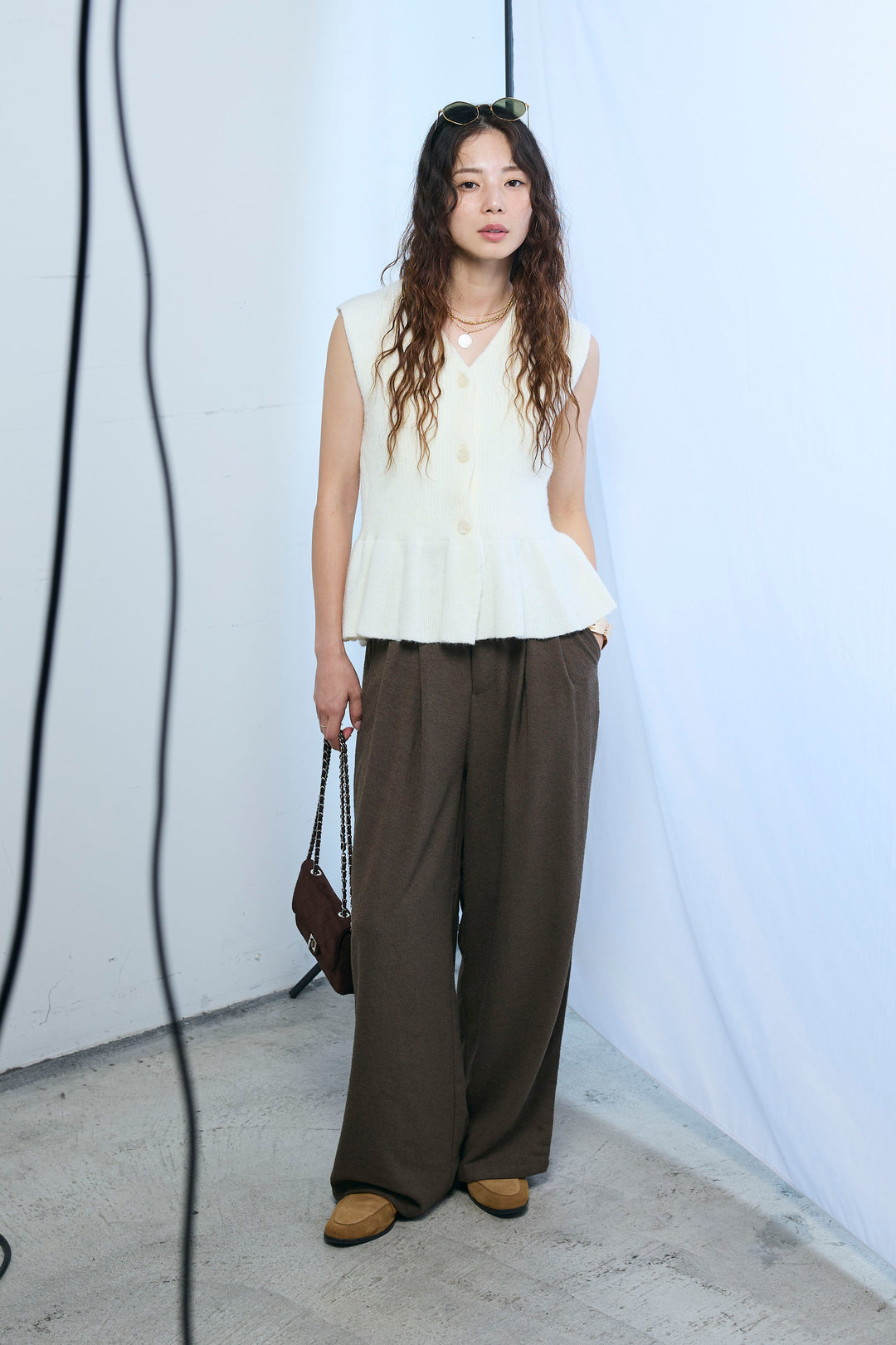 [予約/SET]アルパカタッチペプラムノースリプルオーバー+ネップワイドパンツ(2set)