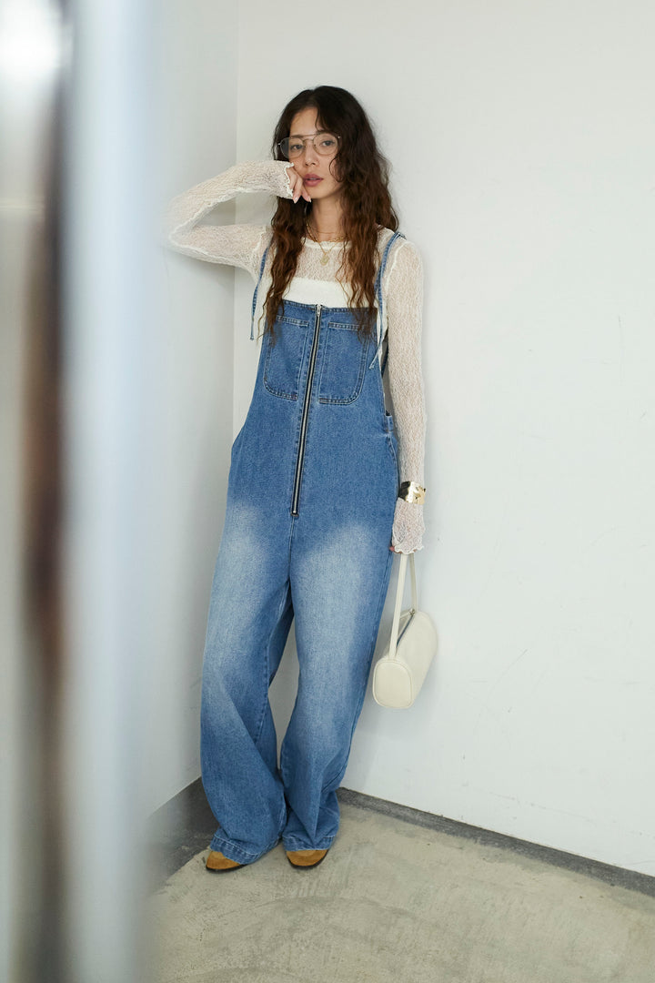 [予約/SET]シアーレーストップス+フロントジップストラップデザインデニムサロペット(2set)